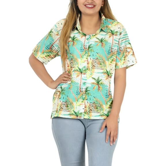 LA LEELA Women's Button Down Blouses Summer Tropical Party Shirts Vacation Casual Shirt Short Sleeve Womens Button up Tops Blouses Holidays Dressy for Women S Teal, Beach
