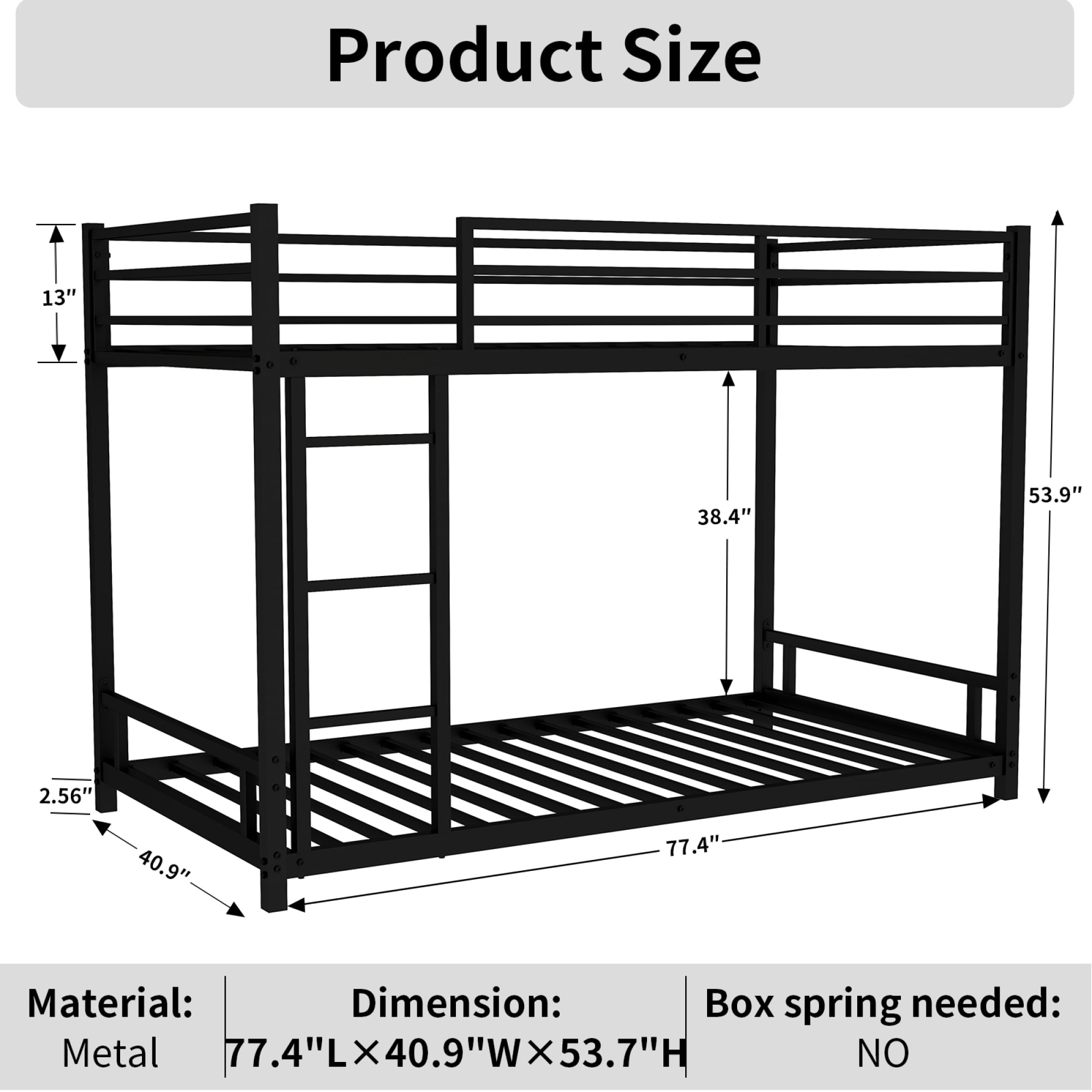 Twin over Twin Bunk Bed,Heavy-duty Metal Bunk Bed with Ladders & Guardrail,Noise Reduced/ Safety Guardrail/No Box Spring Needed,Black