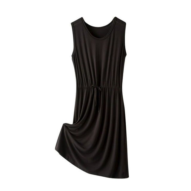 aidice Lounge Dresses for Women Round Neck Sleeveless Drawstring Ruched Comfy Soft Pajamas Dresses