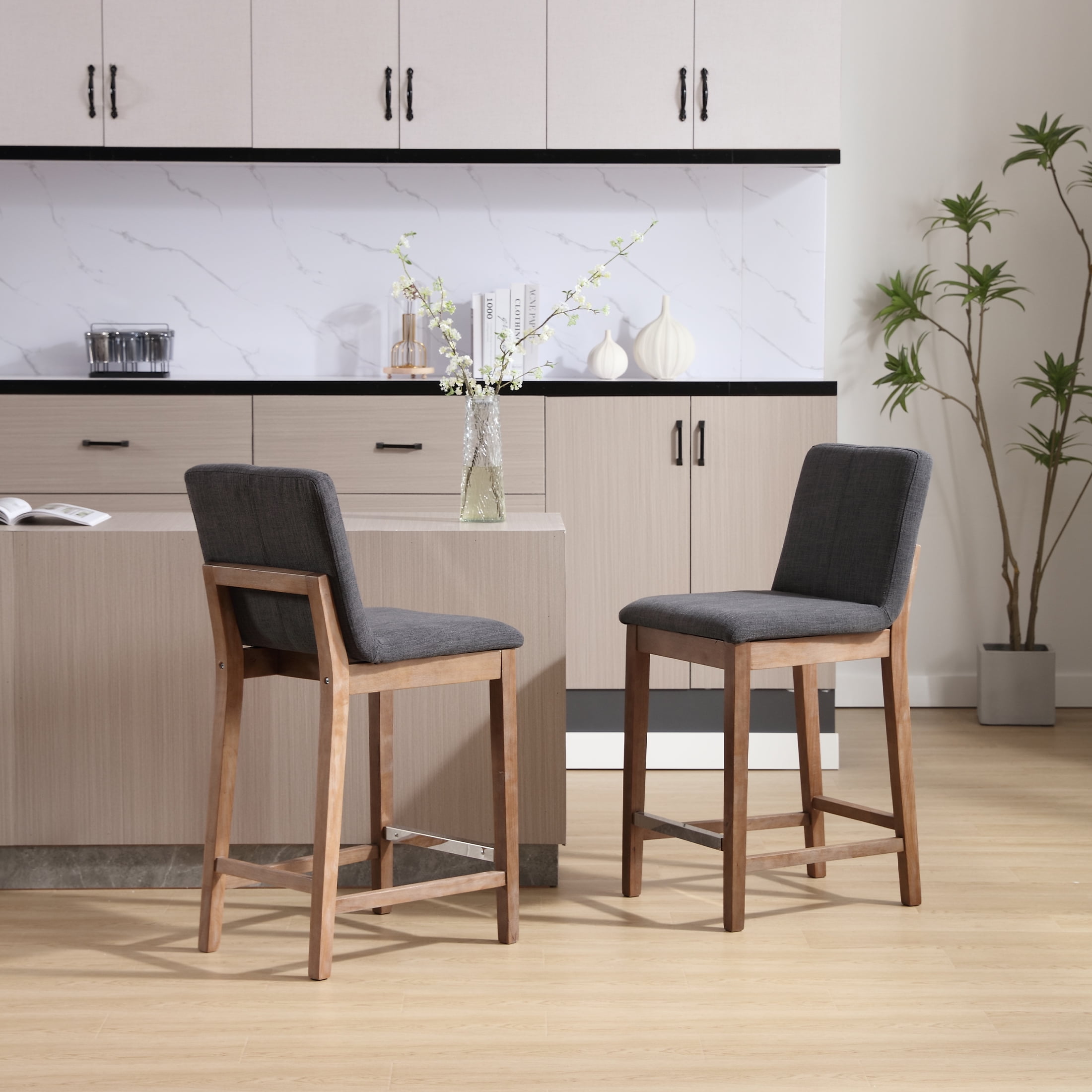 Guyou 26" Counter Height Bar Stools Set of 2, Modern Linen Upholstered Barstools, Rustic Farmhouse Wooden Kitchen Island Chairs with Backrest and Footrest for Dining Room Home Bar Patio Club, Charcoal