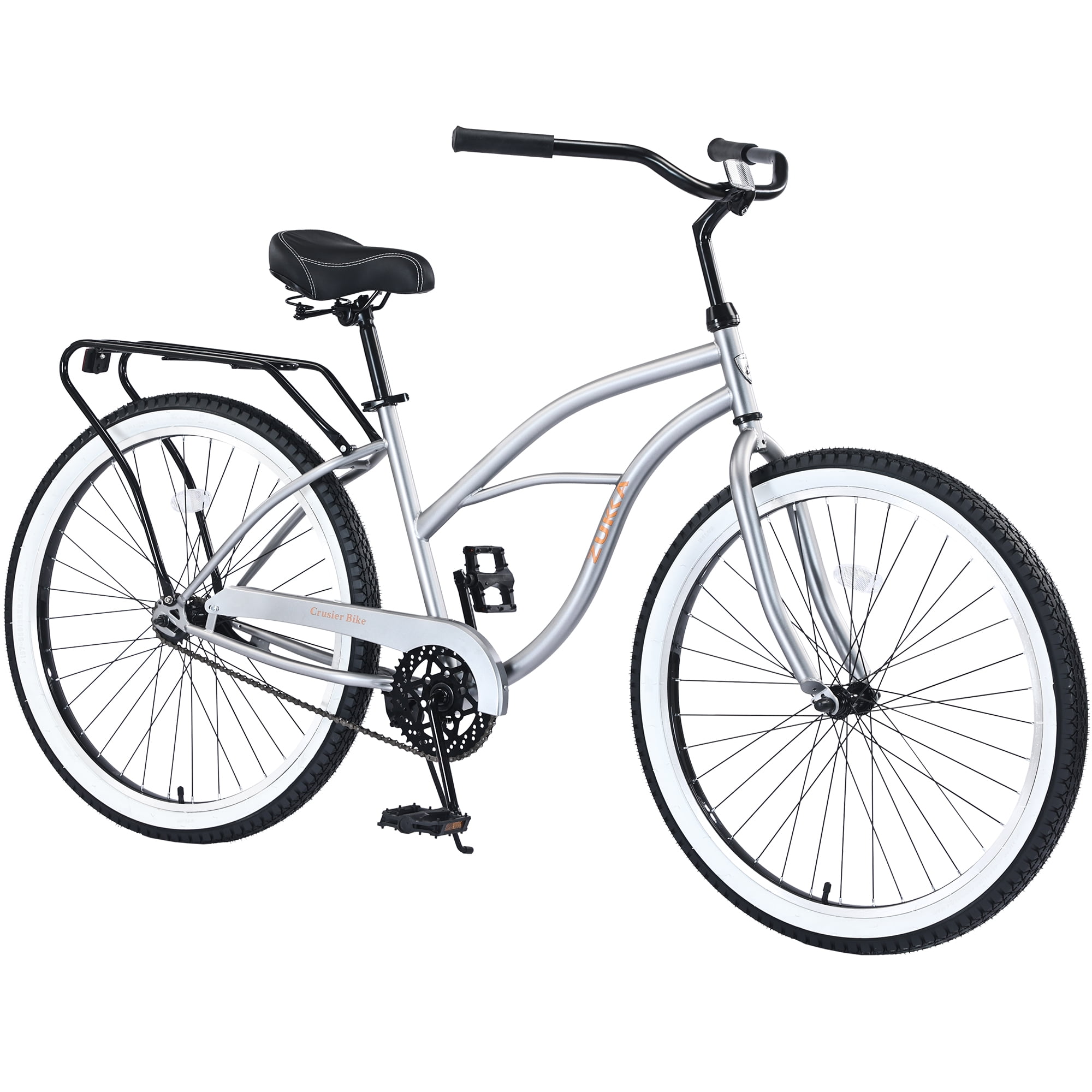 26" Beach Cruiser Bike, Single Speed, Steel Frame, Rear Coaster Brakes Bicycle, with Cargo Rear Rack, Silver