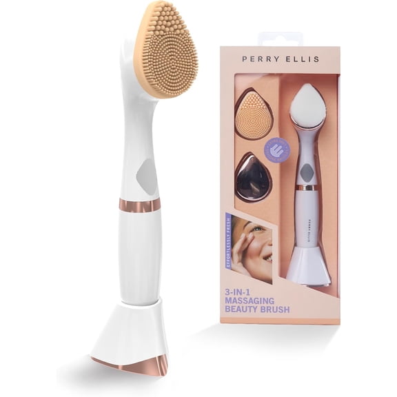 Perry Ellis 3-in-1 Massaging Beauty Brush for Women | Eye Massager, Facial Cleansing Brush | Battery Operated Face Scrubber, Facial Massager for Skin Care| 3 Mode Facial Brush for Makeup & Skincare