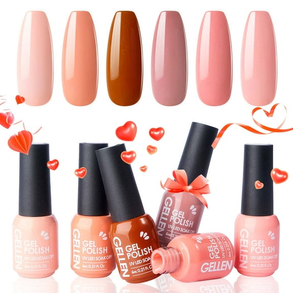 Gellen Gel Nail Polish Kit, 6 Colors Peach Brown UV Gel Polish Set, Soak Off Nail Polish Set for Home DIY Nail Art, Gifts for Women