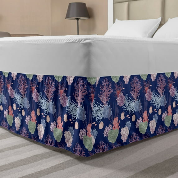 Nautical Bed Skirt, Marine Theme Colorful Sea Plants Pattern Hand Drawn Coral Reef Underwater Botanics, Elastic Bedskirt Dust Ruffle Wrap Around for Bedding Decor, 4 Sizes, Multicolor, by Ambesonne