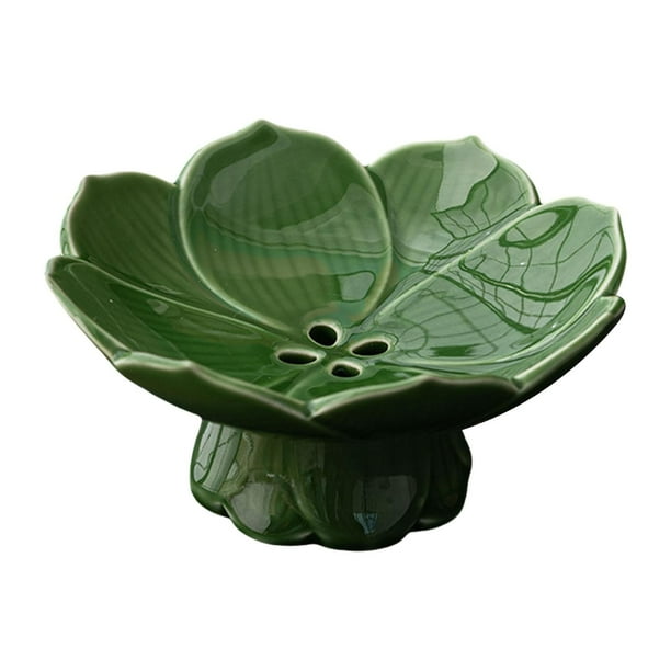 Frutero de cerámica con pedestal de loto con drenaje, recipiente multiusos para verduras. Verde