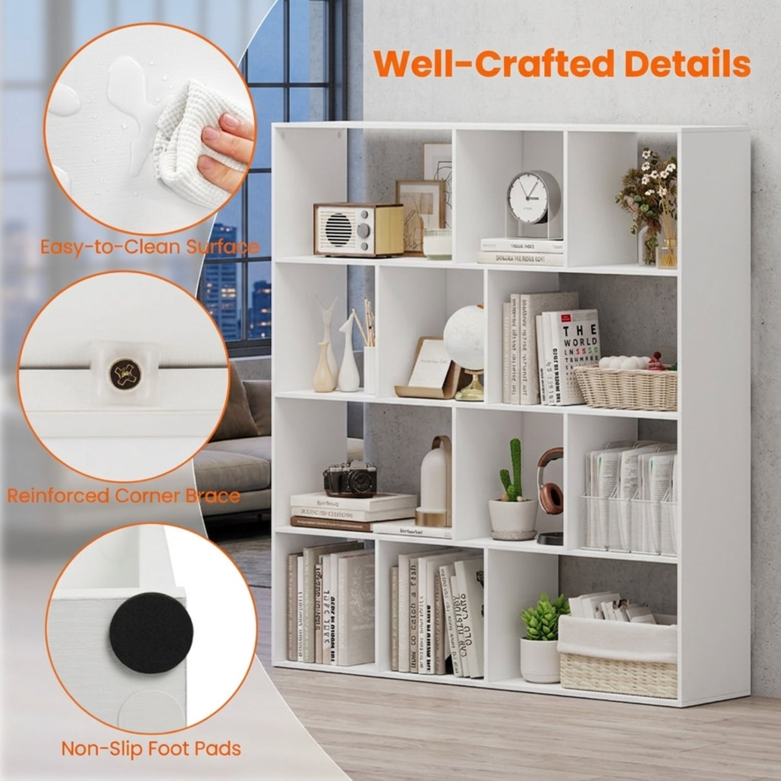 Furnibear Open Shelf Bookcase 4-Tier Large Bookshelf with 12 Storage Compartments and Anti-Tipping Kits for Home Office, White