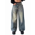 thumbnail image 2 of Pantalones Vaqueros de Pierna para Mujer, Desgastados, de Cintura Media, Estilo Vintage Y2K. Azul Nostálgico L, 2 of 8