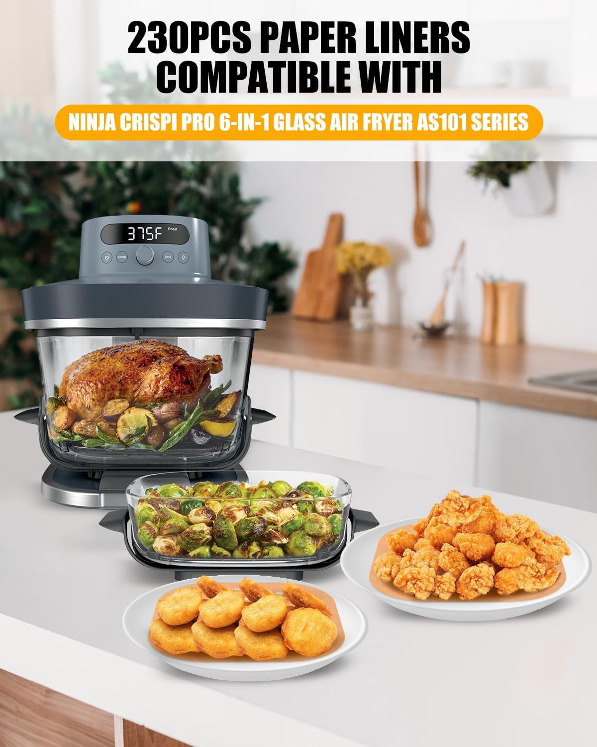 JJEAN-230PCs Air Fryer Liners Perforated for Ninja Crispi Pro 6-in-1 Glass Air Fryer AS101, Nonstick Food-grade Square 200PCs Disposable Parchment Paper Sheets Accessories Plus Extra 30PCs for Baking