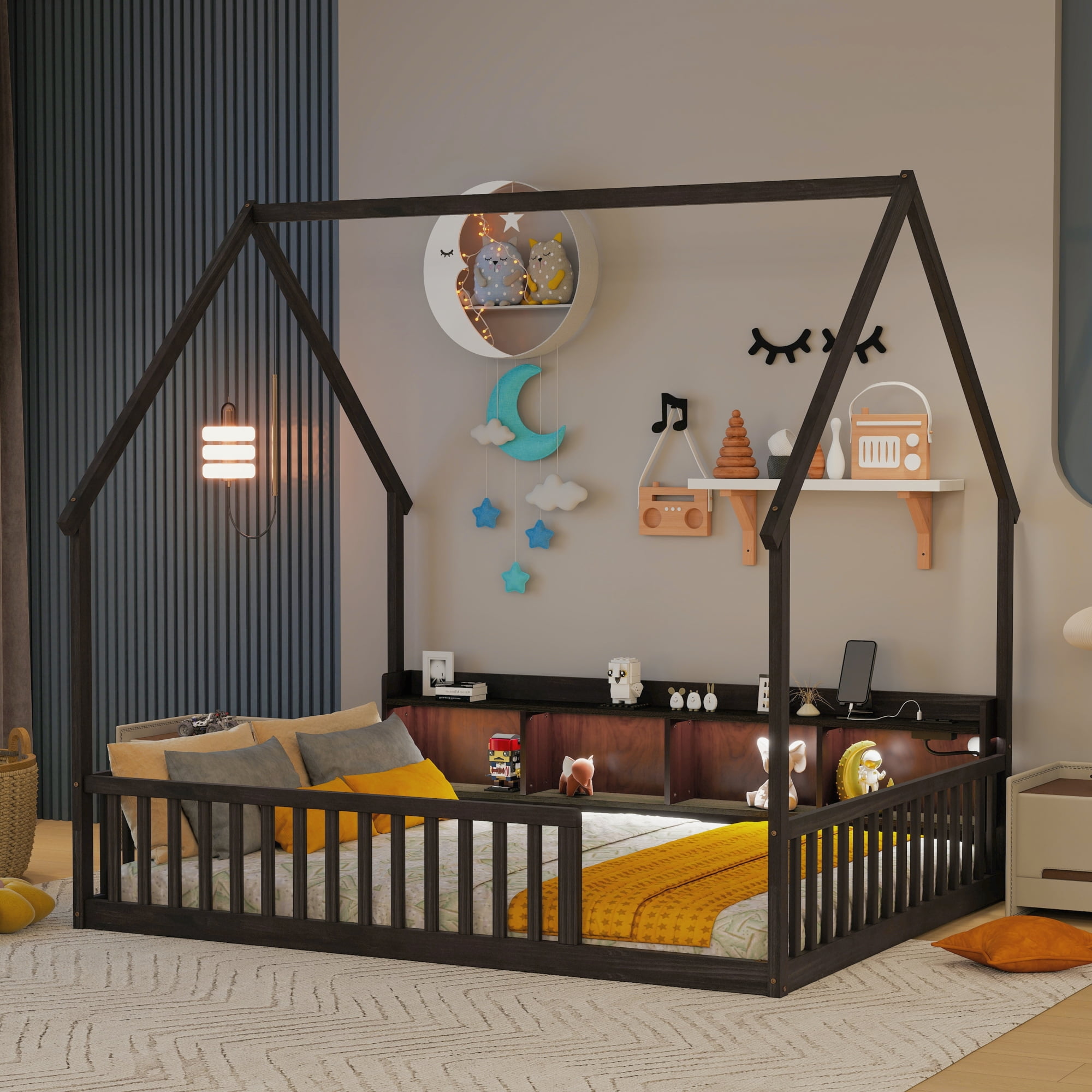 Leumius Full Size House Floor Bed with Storage Shelves,Built-in LED Lights & Charging Station,Pine Wood Floor Bed Frame with Safety Guardrails for Kids Bedroom Espresso