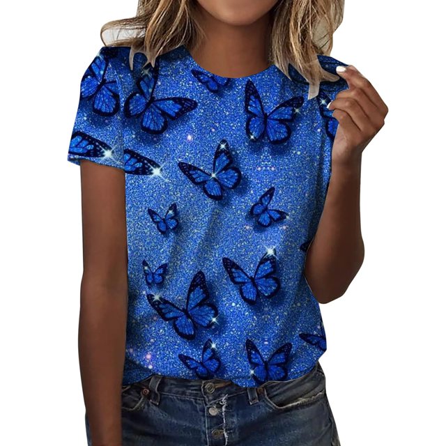 Gibobby Playera de Manga Corta con Cuello Redondo Camiseta informal holgada manga corta con cuello redondo y estampado informal verano para mujer(Azul,CH)