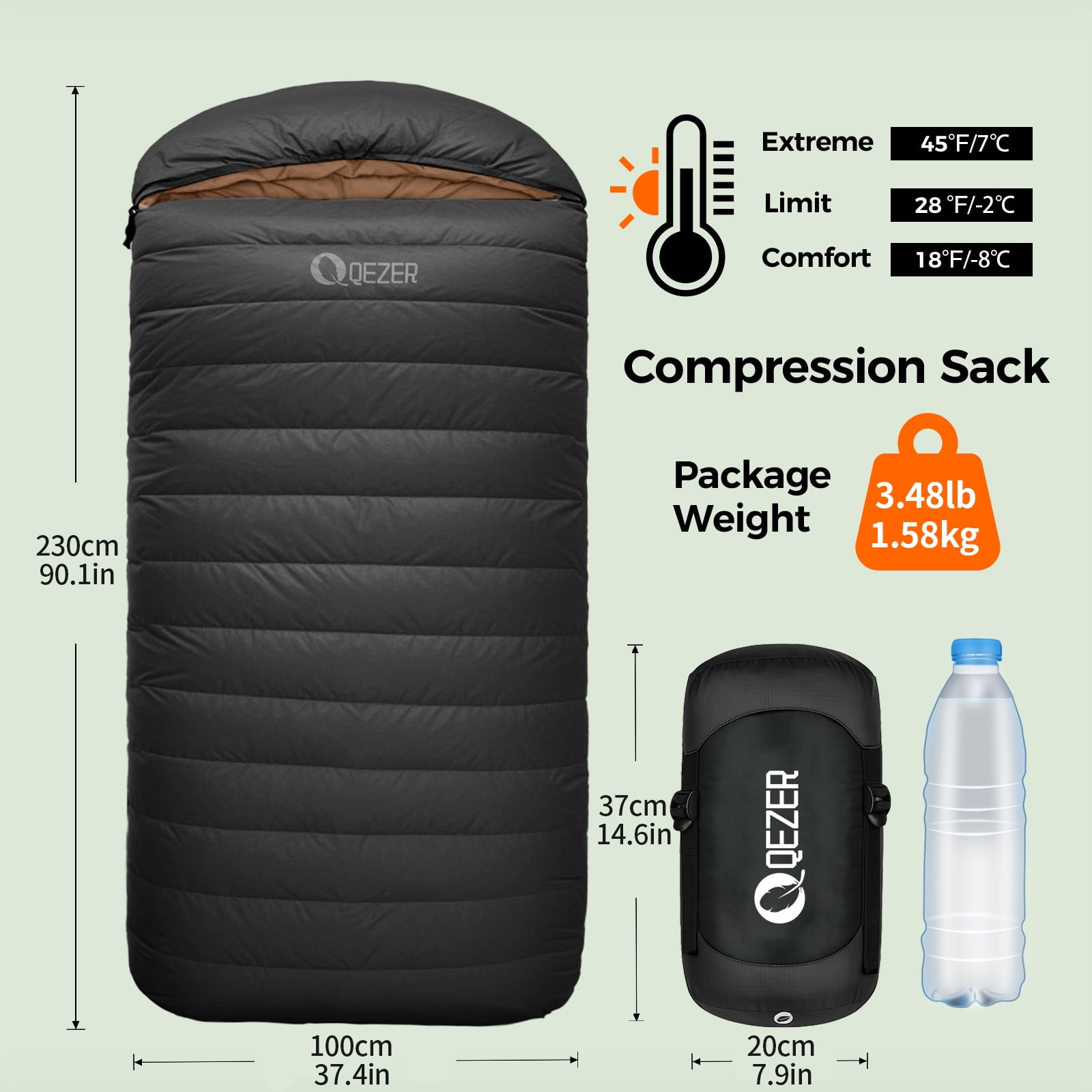 QEZER XL Sleeping Bag, Suitable for 4 Seasons Oversized Ultralight Backpacking Sleeping Bag for Adults, Great for Camping and Hiking