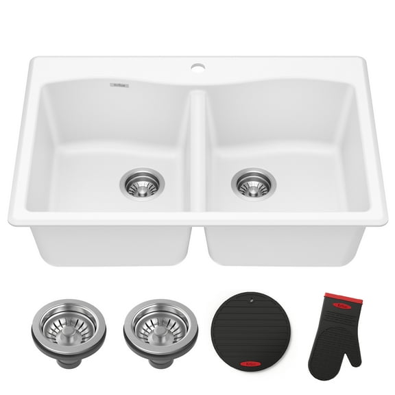KRAUS® Forteza™ 33” Granite Drop In / Undermount 50/50 Double Bowl White Kitchen Sink