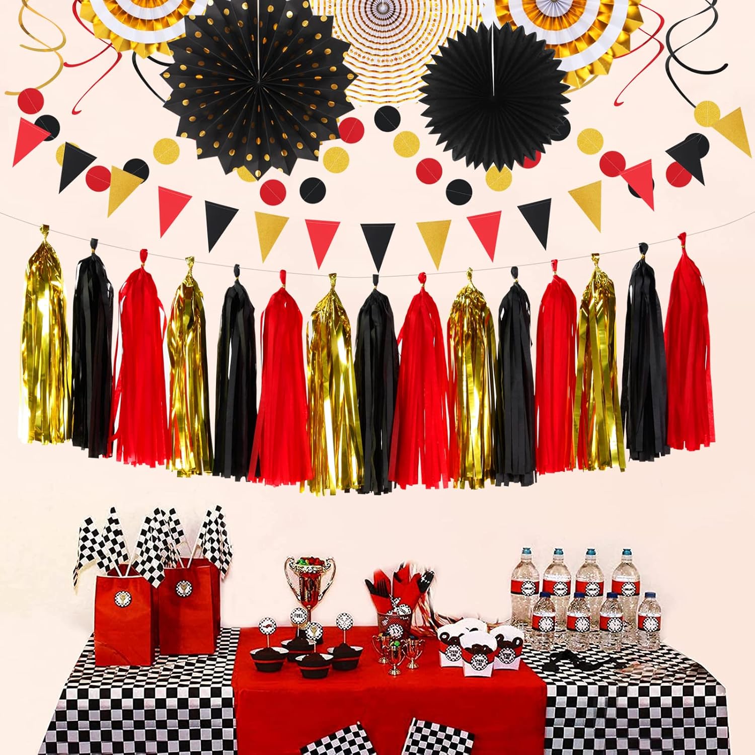 NestE Red Black-Gold Casino Theme Party-Decorations - 33pcs Kits Game Night Graduation Banner, StreamersTassel Garland,Tissue Pom Poms Honeycomb, Paper Lantern Fans,Wedding Birthday Baby Shower Decor