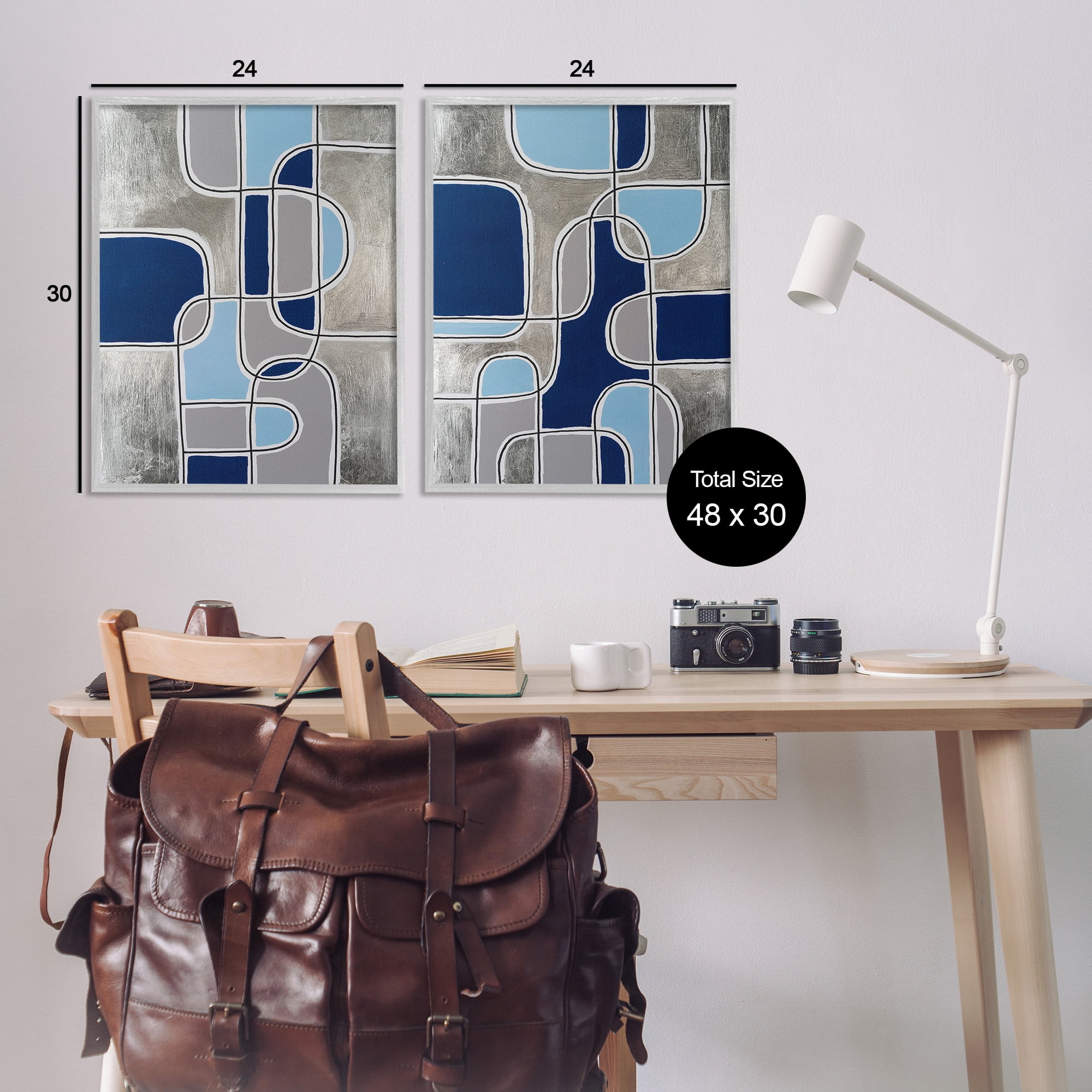 Stupell Industries Blue & Grey Geometrics Abstract Painting Gray Framed Art Print Wall Art, 24 x 30, Set of 2