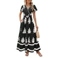 thumbnail image 3 of Womens 2025 Summer Casual V Neck Boho Maxi Dress Flowy Aline Bell Sleeve Tiered Floral Dresses with Pocket Black L, 3 of 7
