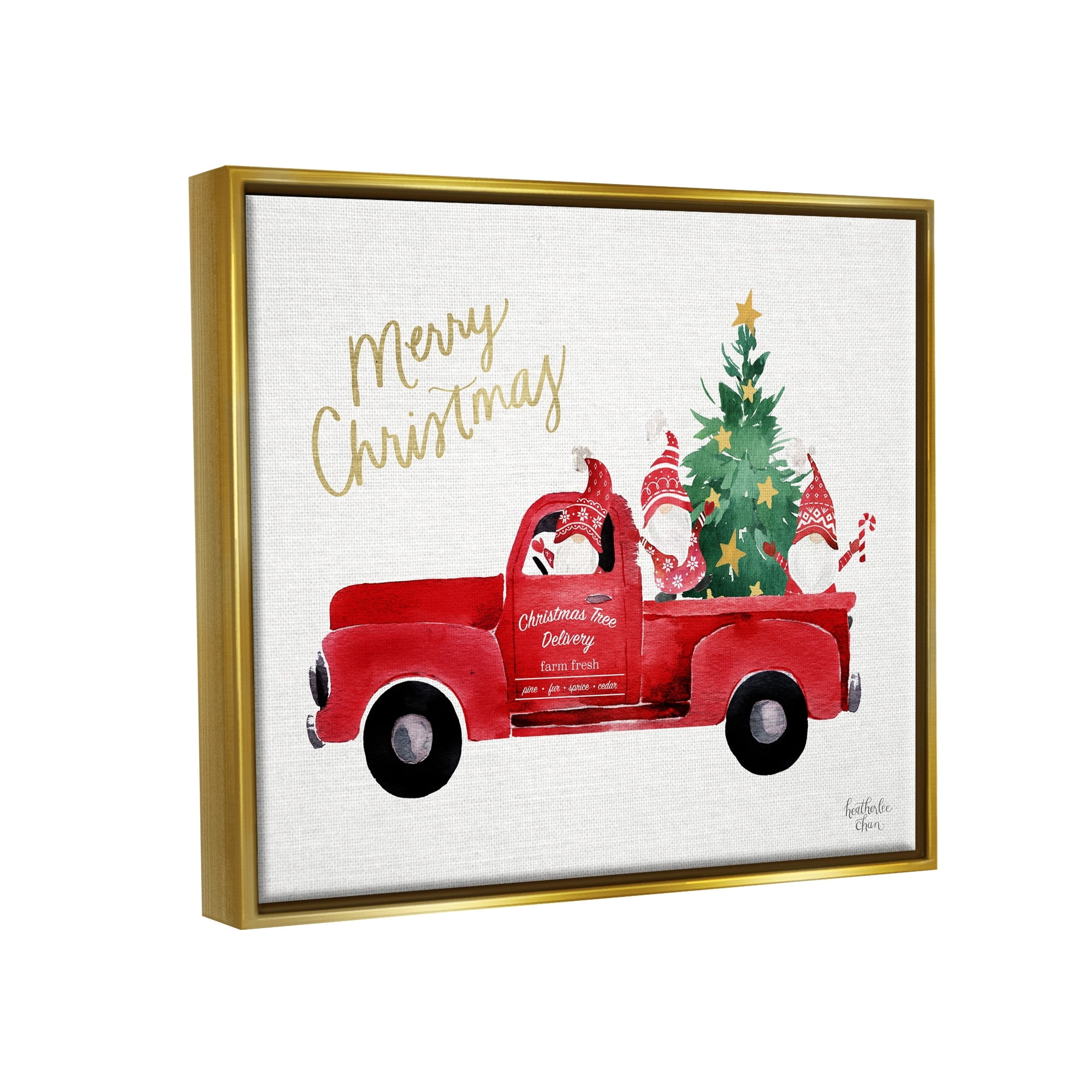 Stupell Industries Merry Christmas Holiday Red Truck Santa Gnomes & Tree Graphic Art Metallic Gold Floating Framed Canvas Print Wall Art, Design by Heatherlee Chan