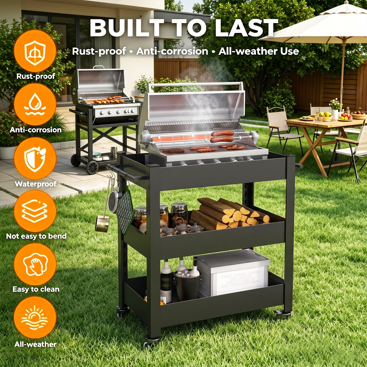 Heavy-Duty Grill Cart with 3-Tier Storage and Pegboard for BBQ