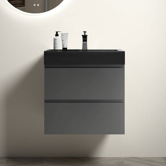 24" Gray Bathroom Vanity with Sink, Large Storage Wall Mounted Floating Bathroom Vanity for Modern Bathroom, One-Piece Black Sink Basin without Drain and Faucet