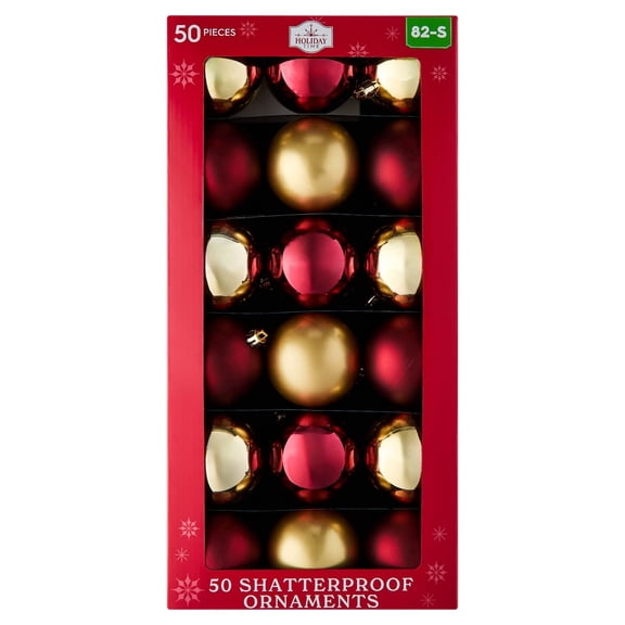 50-Count Burgundy and Gold Ball Shatterproof Christmas Ornaments, 2.8", by Holiday Time