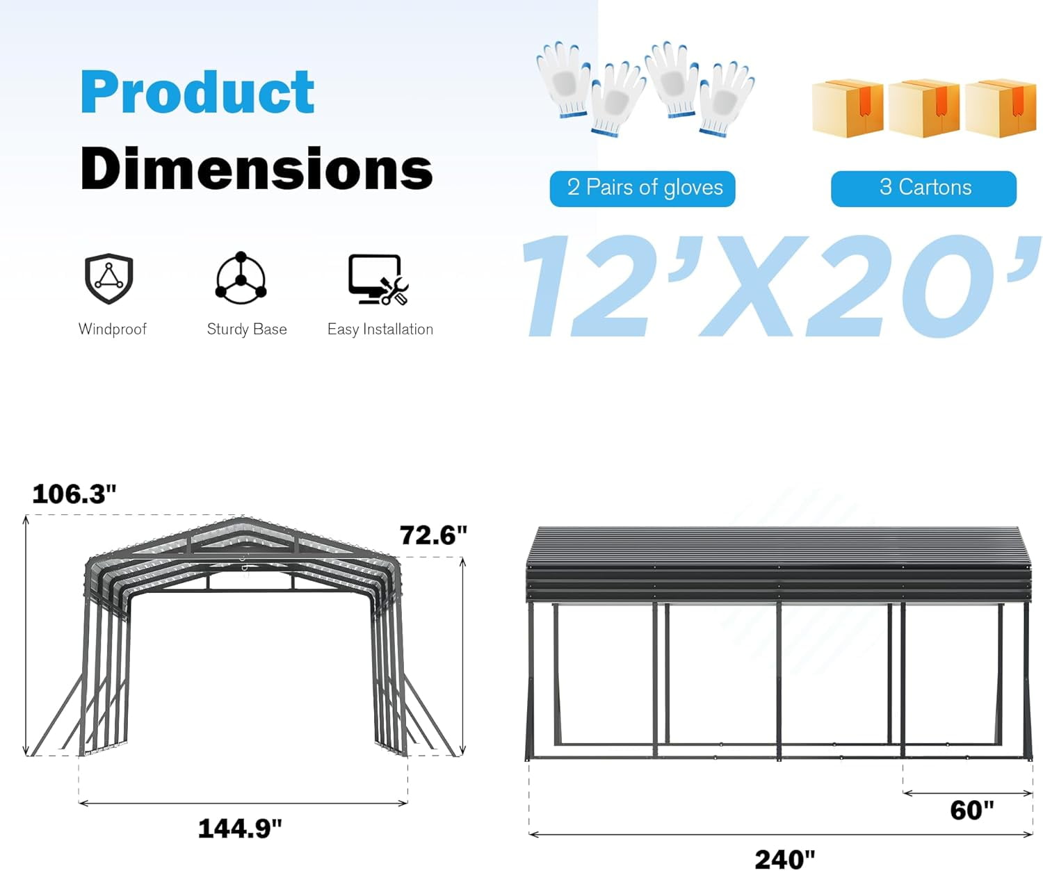 MUCHANT 12’X20’ Outdoor Heavy-Duty Carport Galvanized Steel Roof with Reinforced Stable Triangle Frame & Enhanced Base for Car, Pickup and Truck