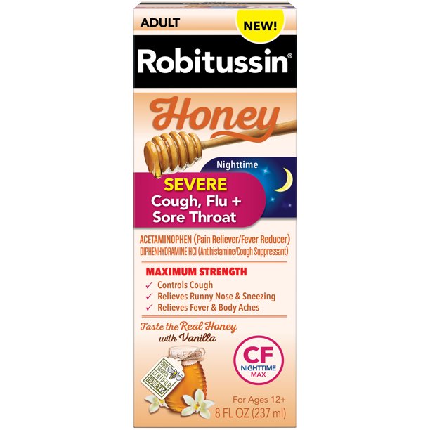 Robitussin Honey Severe Cough Flu Sore Throat Nighttime Max Syrup Ages 12 8 Oz Walmart Com Walmart Com