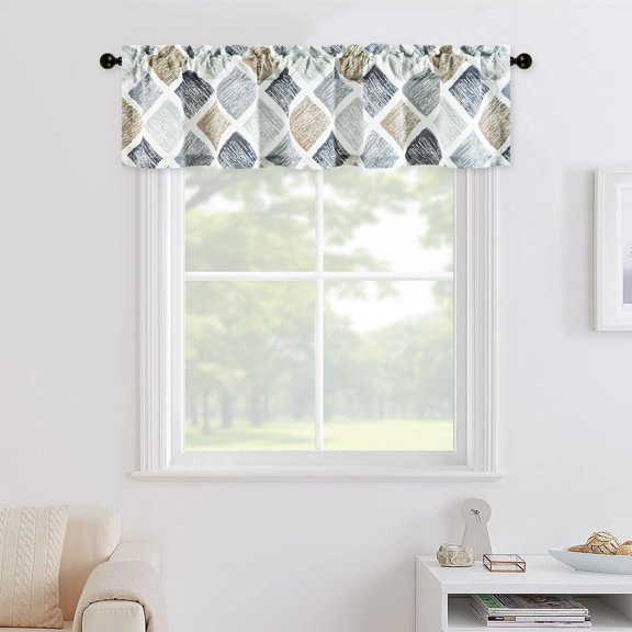 Leeva Geometric Patterned Valances for Bedroom, Modern Elegant Brown & Grey Printing Faux Linen Kitchen Curtains, Rod Pocket Window Valance 12 Inches Long for Living Room, 52x12 in
