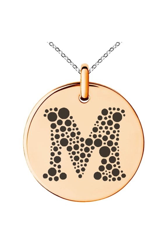 Stainless Steel Letter M Initial Dotted Monogram Engraved Small Medallion Circle Charm Pendant Necklace