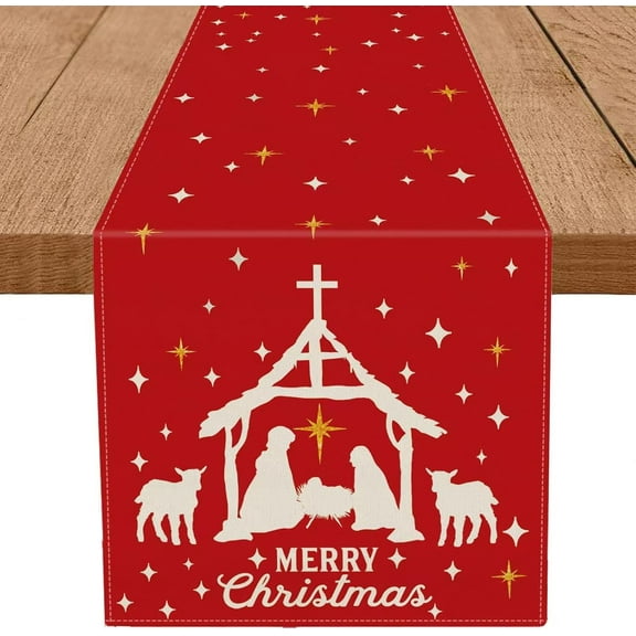 Jesus Christmas Decorations Table Runner Holy Night Nativity Christ Seasonal Winter Merry Christmas Xmas Kitchen Dining Red Table Home Decor 13x72 Inch