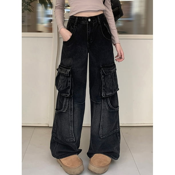 Cyber-pantalones vaqueros holgados negros lavados para mujer, ropa de calle con múltiples bolsillos, pantalones Cargo rectos de pierna ancha, Y2K, 2024