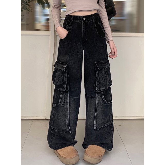 Cyber-pantalones vaqueros holgados negros lavados para mujer, ropa de calle con múltiples bolsillos, pantalones Cargo rectos de pierna ancha, Y2K, 2024