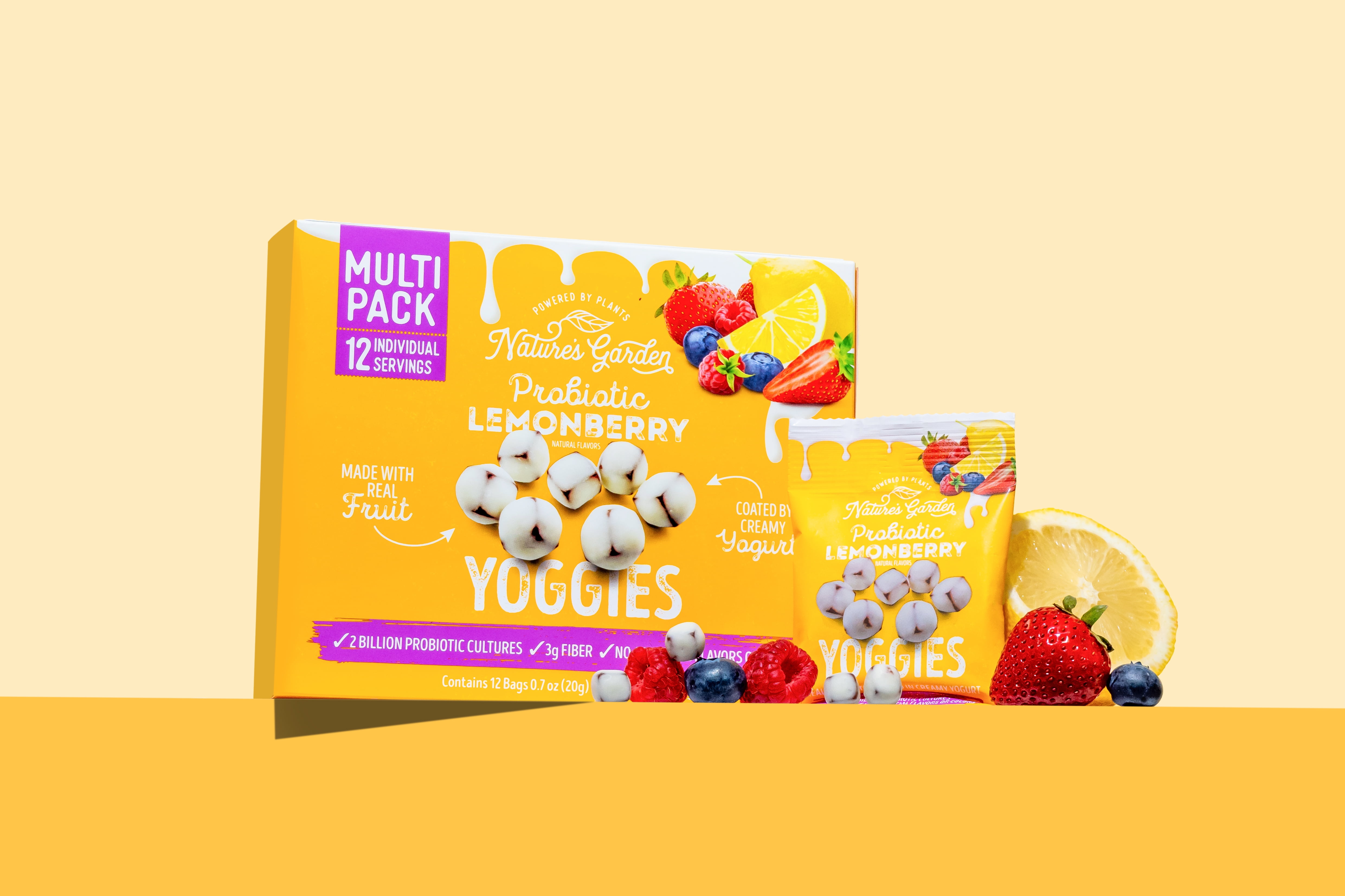 (3 pack) Nature's Garden, Probiotic Lemonberry Yoggies, Gluten- Free, Non-GMO, Soft Chew, Fruit Snacks, 0.7 oz, 12 Count
