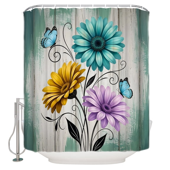 Teal Grey Rustic Farmhouse Bathroom Shower Curtains with 12 Hooks Waterproof Shower Curtain for Stalls and Bathtubs Country Turquoise Floral Daisy Decorative Bathroom Privacy Curtain 72x96 Inches