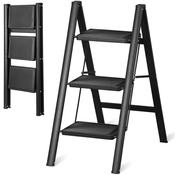 HomGarden 3-Step Ladder Folding Steel Step Stool Wide Pedal Anti-Slip Max.330lbs for Home Kitchen Garage, Black