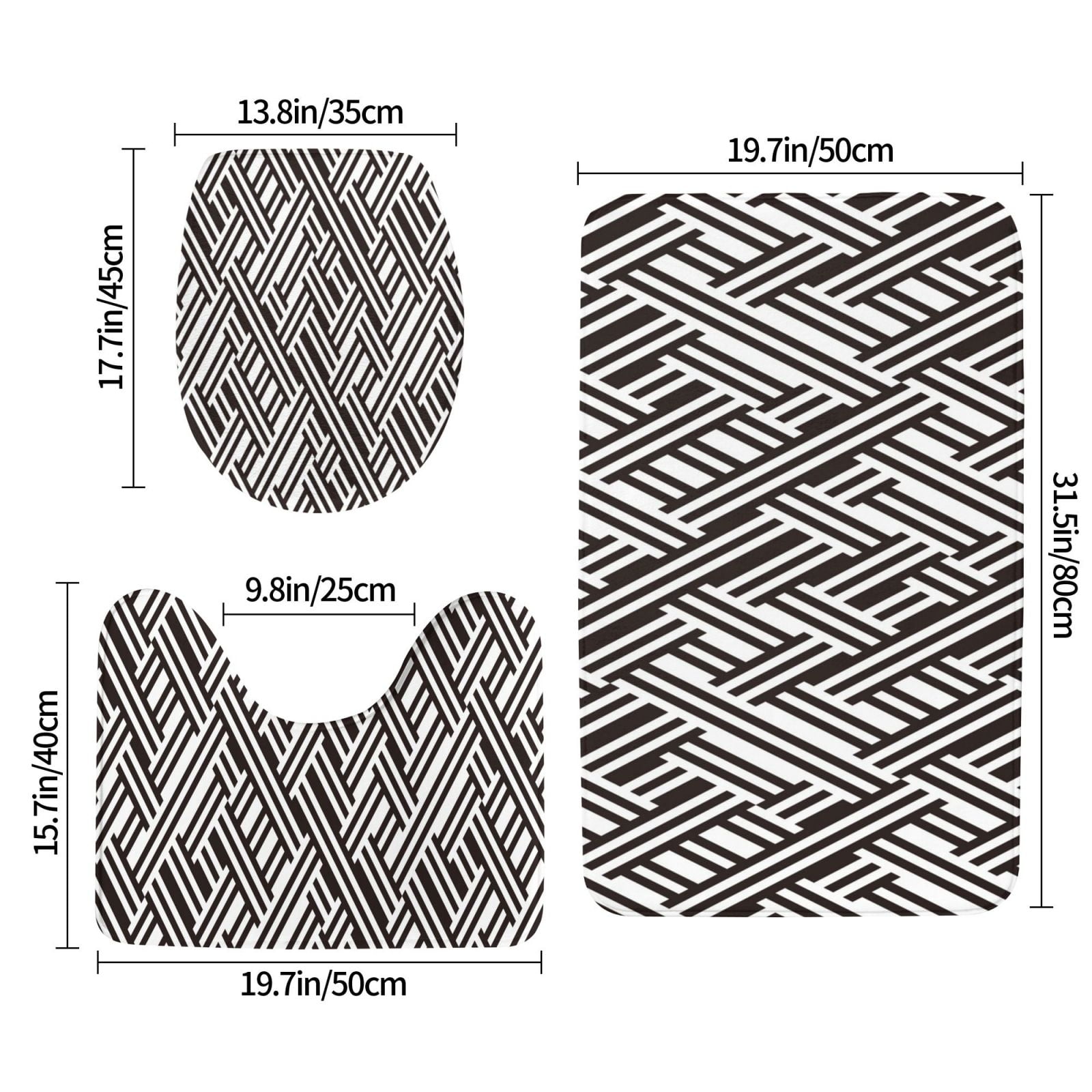 Bathroom Rugs Sets 3 Piece - black white stripes Absorbent Non Slip Bath Mats, U-Shape Toilet Lid Cover, Contour Mat, Soft Washable Shower Mats Bath Rug Mat for Bathroom Tub Toilet