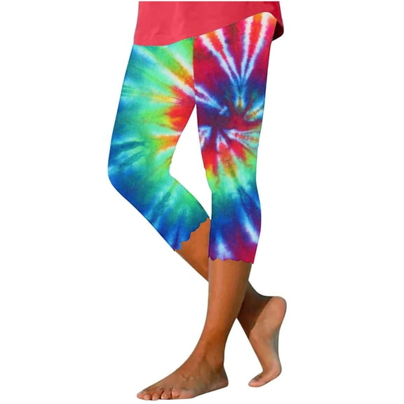 Pxkloy Womens Tie Dye Capri Leggings for Women Print Tummy Control Knee Length Capri Leggings 2024 Summer Cropped Pants Casual Rainbow Comfy Capris Multicolor
