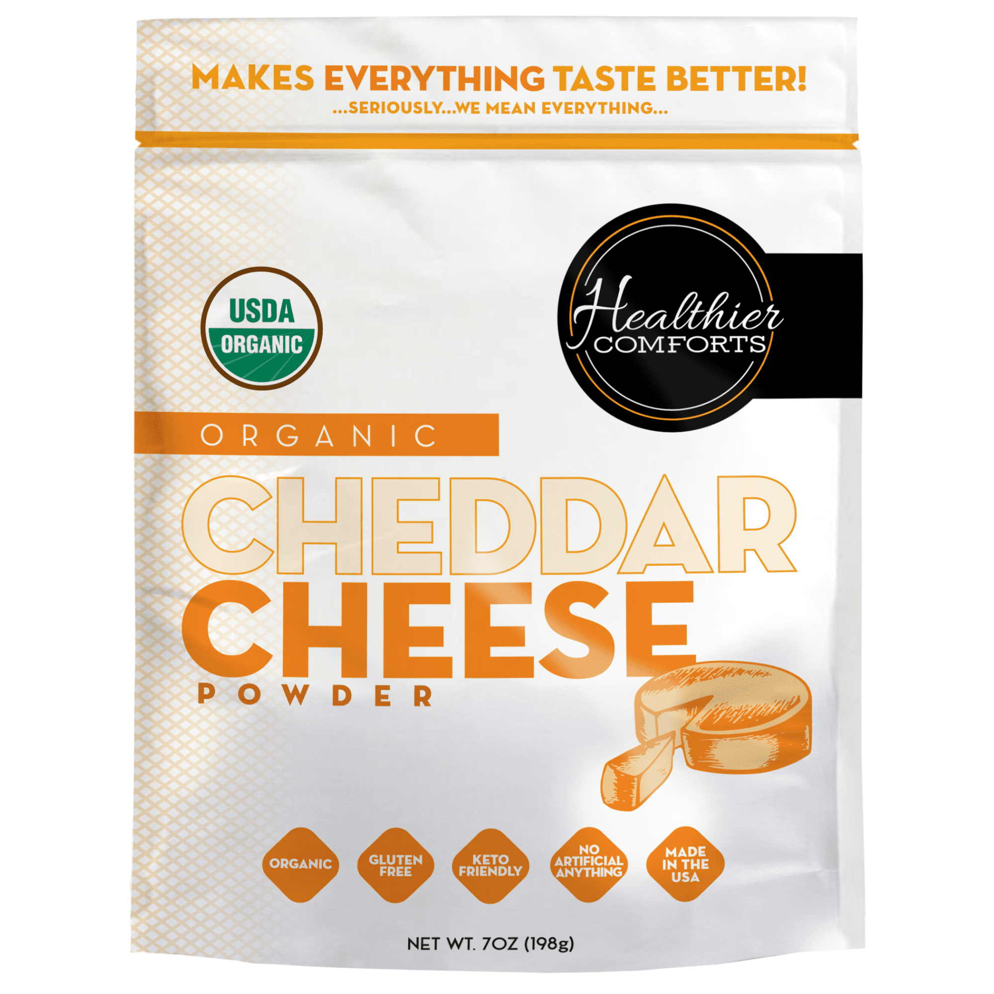 Healthier Comforts Organic Cheddar Cheese Powder 7oz | Gluten Free, Keto-Friendly, Non-GMO, Antibiotic & Hormone Free | Perfect for Popcorn Seasoning, Mac and Cheese, Pasta & Sauces