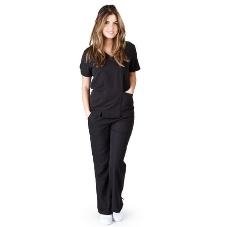 UltraSoft Premium 2 Pocket Cross Over Tunic Medical Scrub Set For Women - JUNIOR FIT Black /