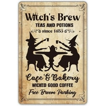 MUCHENGGIFT Witchy Kitchen Metal Tin Sign Wall Decor, Retro Witch's Brew Tea and Potions Kitchen Sign for Home Decor Halloween Gifts