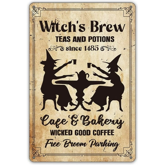 MUCHENGGIFT Witchy Kitchen Metal Tin Sign Wall Decor, Retro Witch's Brew Tea and Potions Kitchen Sign for Home Decor Halloween Gifts