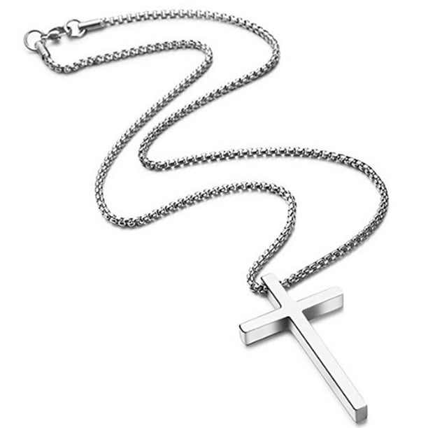 Solid Stainless Steel 14k Accent Diamond Cross Pendant Necklace