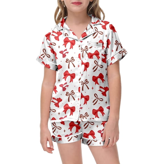 YUEHUA Girls Valentines Pajamas Silk PJS Set Bow Satin Sleepwear Short Sleeve Jammies for Kids Button-Down Nightwear size 7-8 10-12