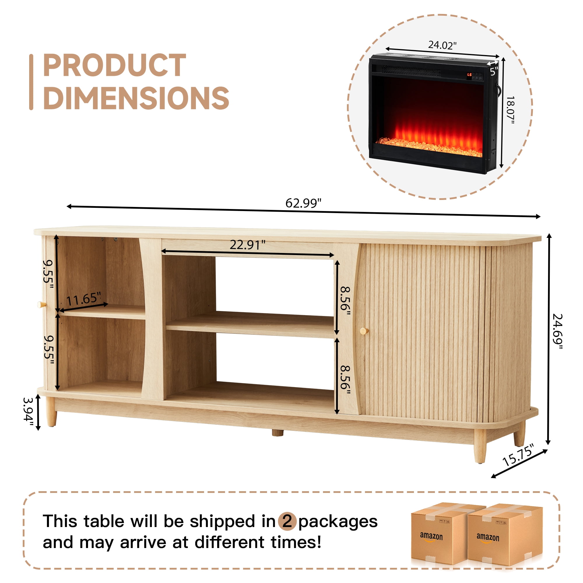 Weselon Modern Curved 63" Fireplace TV Stand with 24" Electric Fireplace for TVs Up to 60", Entertainment Center with Storage Drawer and Open Shelves,Oak