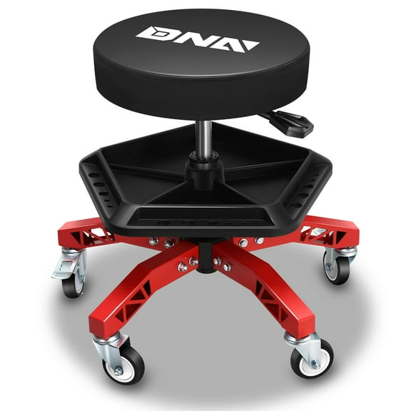 DNA Motoring Heavy Duty Swivel Mechanics Rolling Seat Garage Stool Work Shop w/Tool Tray Red