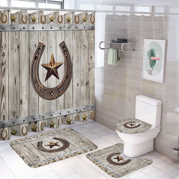 Retro Western Cowboy Horseshoe Shower Curtain Sets 4 Piece,Rustic Farmhouse Teal Wooden Board Floral Daisy Bathroom Decor Sets with Rugs Include Waterproof Non-Slip Toilet Lid Cover Bath Mat