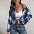 thumbnail image 3 of HuaLeiMao 2024 Autumn and Winter New Women's Retro Striped Plaid Shirts Jacket Long Sleeve Button Short Jacket Tops with Pockets, 3 of 3