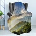 thumbnail image 4 of Nature Soft Flannel Fleece Throw Blanket, Rising Sun Clouds over Forest Hill Woodland Idyllic Countryside View, Cozy Plush for Indoor and Outdoor Use, 50" x 70", Olive Green Blue Yellow, by Ambesonne, 4 of 5