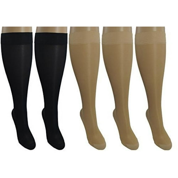5 Sheer Pair Large/X-Large Ladies Compression Socks, Moderate/Medium Graduated Compression 15-20 mmHg. Nurses, Work, Therapy, Travel & Flight Knee-High Hosiery. Assorted Colors: 3 Nude, 2 Black