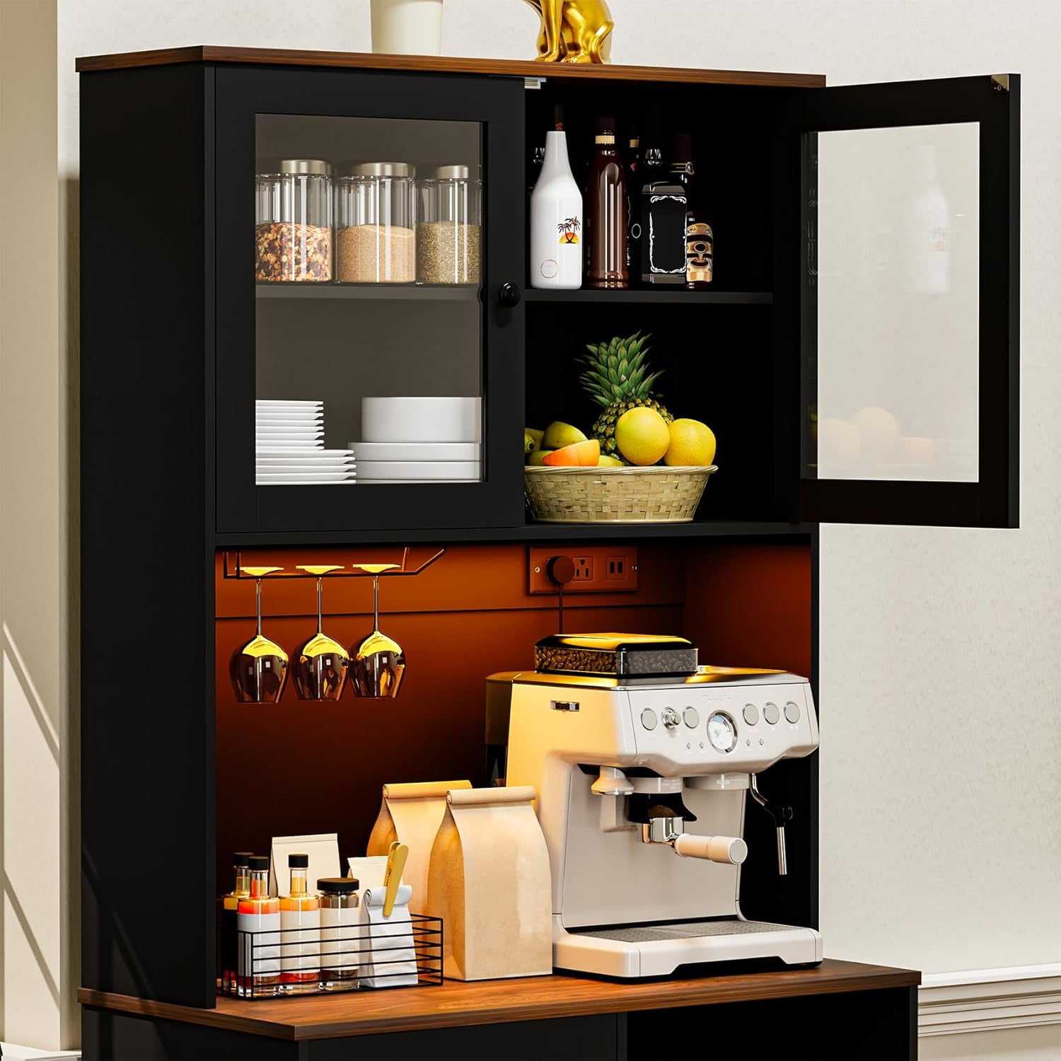 Timagebreze 71 Inch Farmhouse Pantry with LED Lighting & Electrical Outlet, Tall Kitchen Cabinet with Microwave Stand,Black