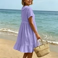 thumbnail image 5 of Ayolanni V Neck Summer Dresses for Women 2026 Solid Short Sleeve A-Line Midi Dress Travel Beach Flowy Cotton Linen Dress Purple M, 5 of 7