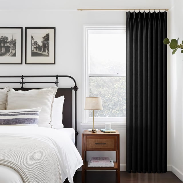 Black Linen Curtains Pinch Pleated 90 Inches Long for Living Room Bedroom Pleat with Hooks Rings Back Tab Semi Sheer Curtains 90 Inch Length Light Filtering Farmhouse Rustic Drape 1 Panel 50x90